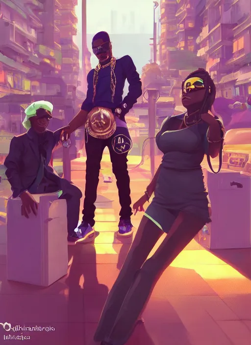 Prompt: afro - futurist gangstas, weapons and gold chains, jacking the metaverse | hyperrealistic oil painting | by makoto shinkai, ilya kuvshinov, lois van baarle, rossdraws | afrofuturism, in the style of hearthstone, trending on artstation | dark color scheme