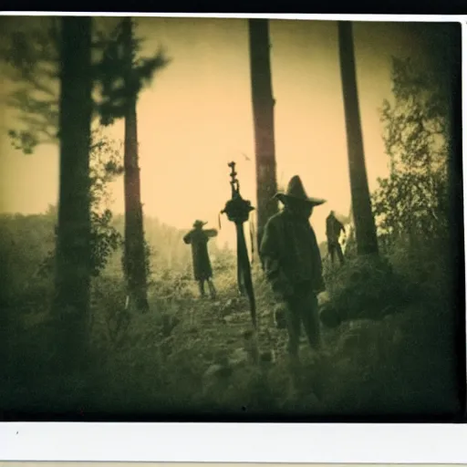 Image similar to old polaroid depicting cultists with torches, at a clearing, at dusk, green tentacles everywhere