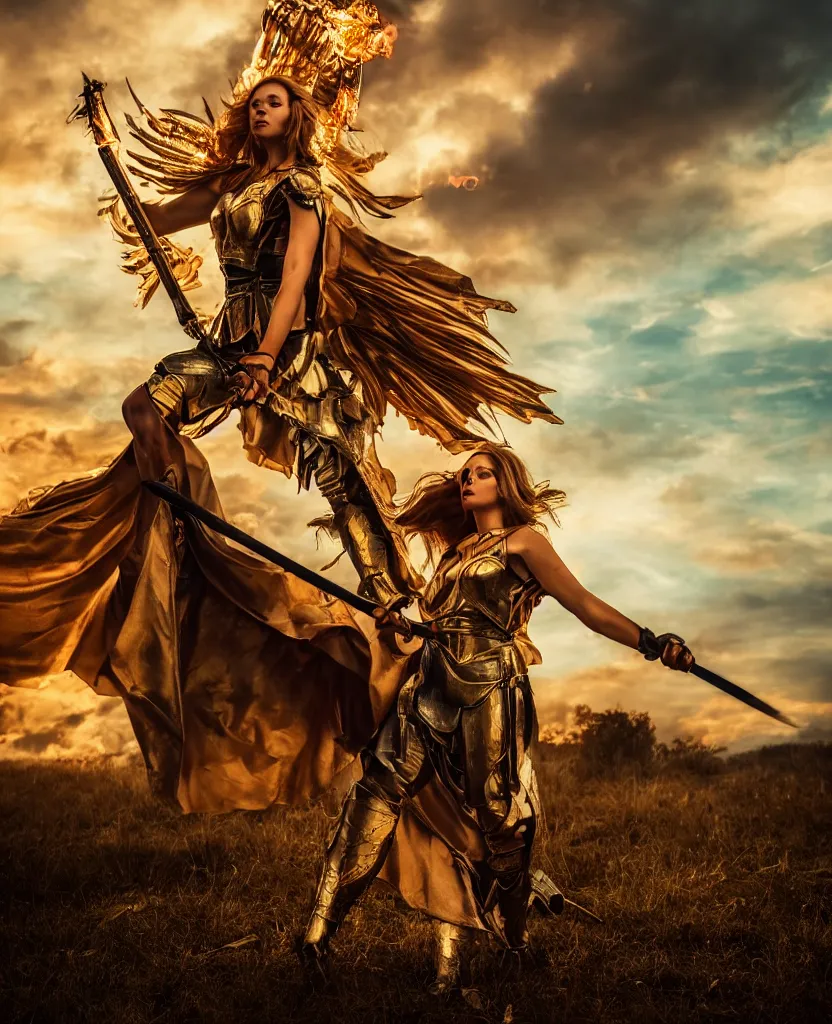 Image similar to Modeling shot of one fiercely beautiful woman in angelic battle armor, wielding a flaming sword, among the clouds, golden hour photography, cinematic, epic, 4k, stylized, realism