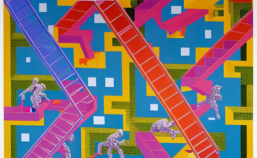 Image similar to chutes and ladders. detailed abstract painting by josef albers, by mc escher, by raqib shaw, japanese popsurrealism,