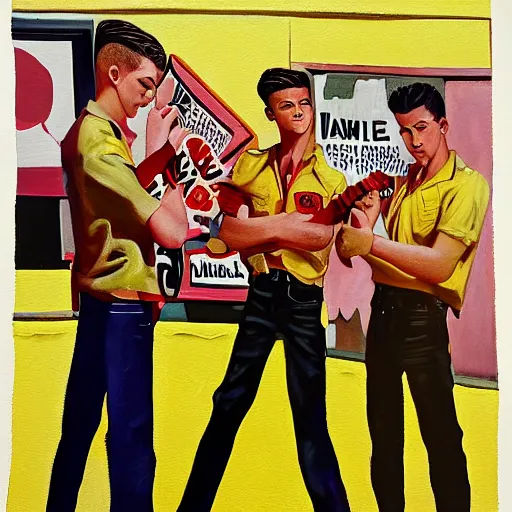 Prompt: a painting of three male teenagers with rockabilly haircuts holding yellow icw pops and looking at women in the streets high details