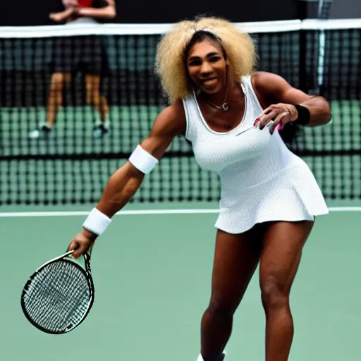 Prompt: A werewolf playing tennis versus Serena Williams