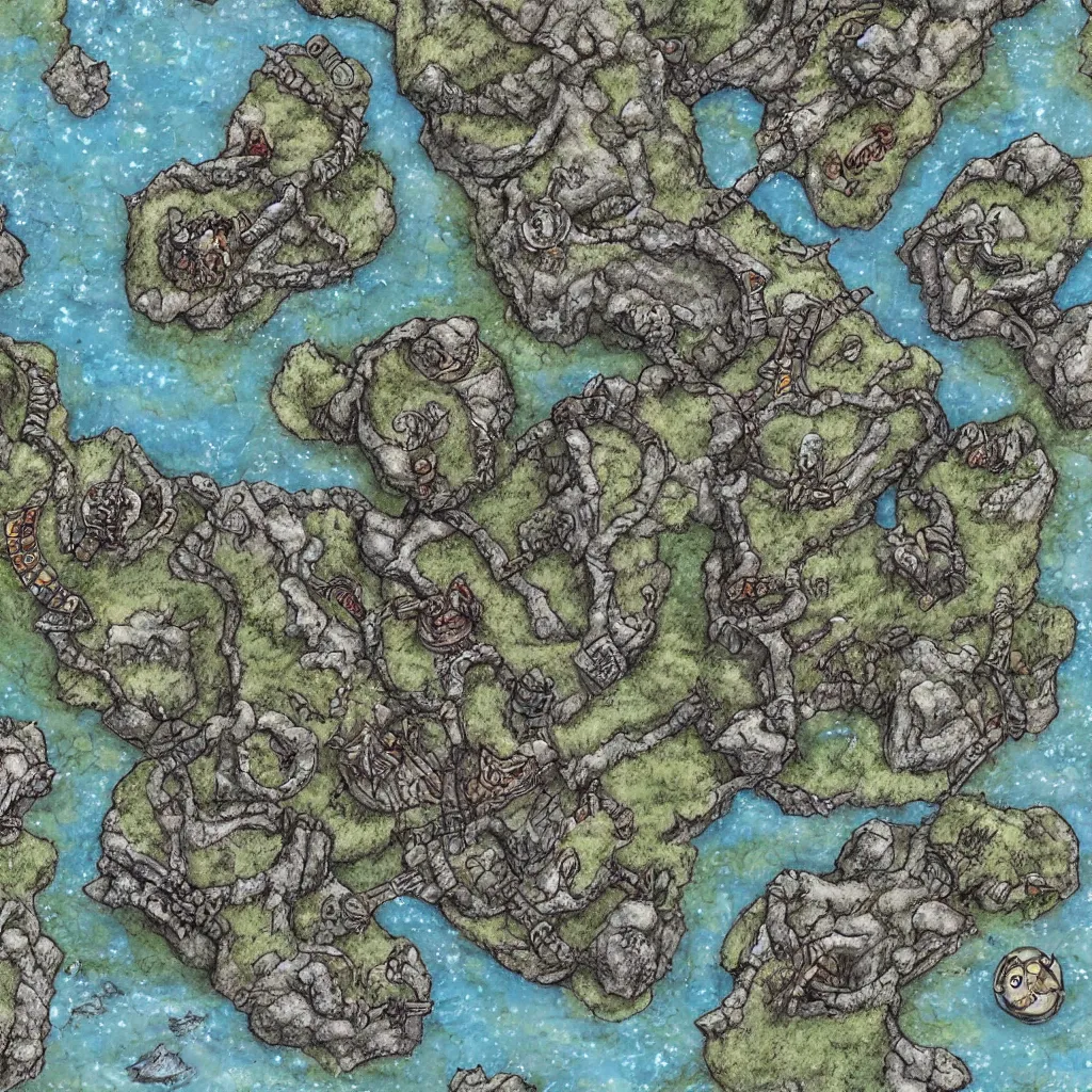Image similar to a battlemap of an orcish fort by a frozen river, drivethrurpg best seller, high quality, painted hd
