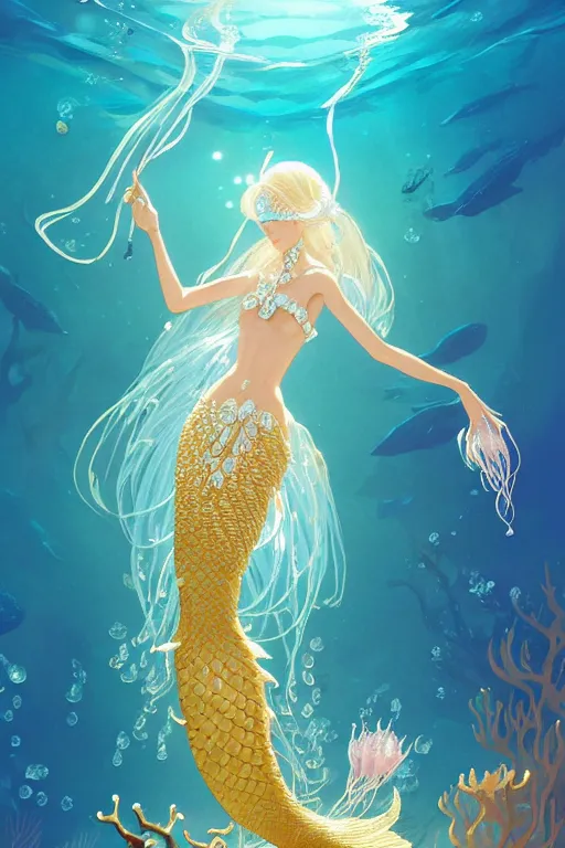 Prompt: a beautiful mermaid queen of the ocean in the middle of coral reefs, pearl and gold and crystal jewelry, complex and shiny dress inspired by jellyfish, by ross tran and atey ghailan, by greg rutkowski, by greg tocchini, by james gilleard, by joe fenton, by kaethe butcher, dynamic lighting, grunge aesthetic
