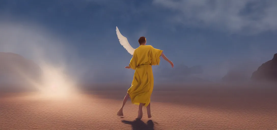 Image similar to an angel in blue and yellow robes fighting a best in a desert, luminescent eyes, sunny weather, rendered in octane, realistic, 8 k, vivid, intricate, detailed, mist, fog, dramatic light