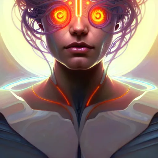 Image similar to cyborg, female, fantasy, bioluminiscence, flowing hair, portrait, highly detailed, digital painting, beautiful eyes, symmetry, concept art, sharp focus, illustration, art by artgerm and greg rutkowski and magali villeneuve and ilya kuvshinov! : : alphonse mucha : : - 0. 2