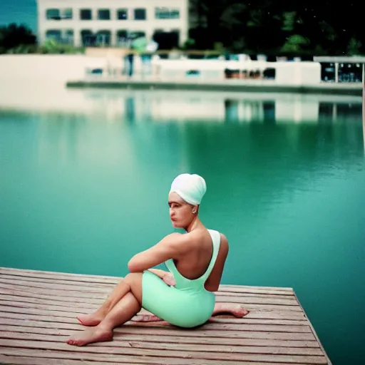 Image similar to a film photography of a woman slender, wearing a mint green one-piece swimsuit, wearing a white bathing cap, sitting on a wooden dock, Lying on back, perpendicular to the camera, low angle 50mm medium shot, Kodak Portra 800, Leica M6 film camera, light film grain, Lying on back, perpendicular to the camera