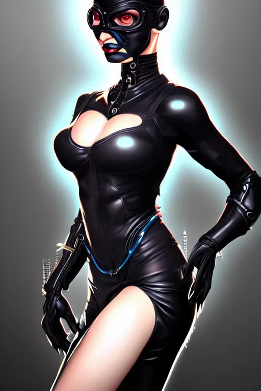 Image similar to portrait of a cyberpunk catwoman with biomechanichal parts by Artgerm, hyper detailled, trending on artstation