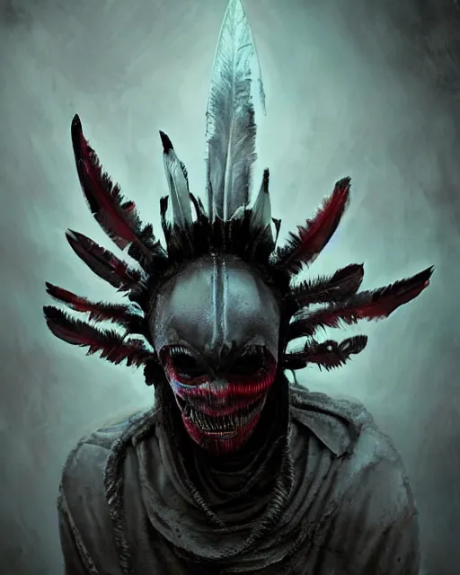 Image similar to xenomorph - human ghost - spirit of the grim - warpaint wears the scarlet skull armor and native blood headdress feathers, midnight fog - mist!, dark oil painting colors, realism, cinematic lighting, various refining methods, micro macro autofocus, ultra definition, award winning photo, photograph by ghostwave - gammell - giger - shadowlord