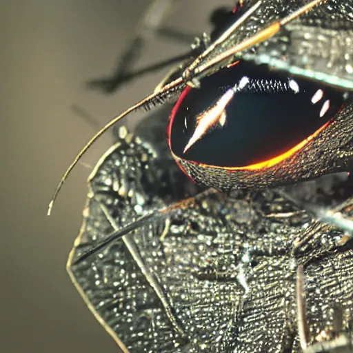 Prompt: close up photo of metal insect with glowing eyes