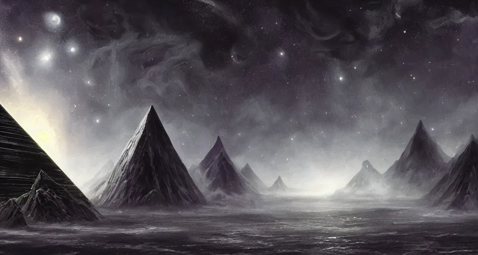 Image similar to black lovecraftian eldritch!! large obsidian pyramid!! surrounded by black motionless sea, endless cosmic sinister space!, bright stars, infinite nebula, sky background by eugene von guerard, ivan shishkin, night, concept art, trending on artstation, 8 k