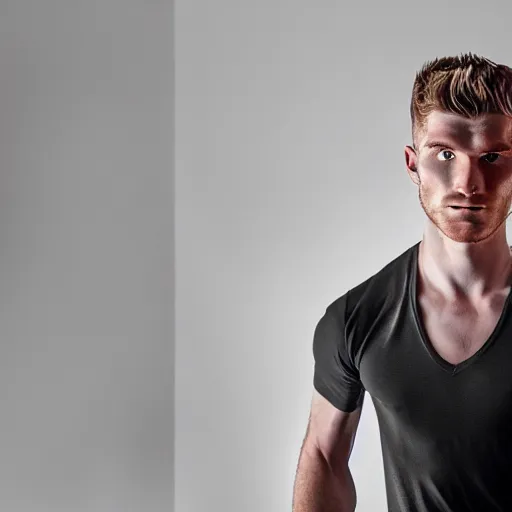 Image similar to a realistic detailed photo of a guy who is an attractive humanoid who is half robot and half humanoid, who is a male android, soccer player timo werner, shiny skin, posing like a statue, blank stare, in a living room, on display, showing off his muscles