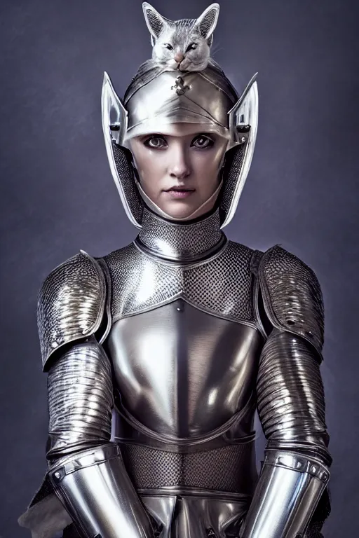 Image similar to female knight wearing a real cat on her head, armor designed by wayne barlowe, swarovski and tiffany, blonde hair, symmetry, sci - fi, cinematic, elegant, luxury, perfect light, perfect composition, dlsr photography, sharp focus, dark fantasy, 8 k, ultra hd, sense of awe, highly detailed, realistic, intricate