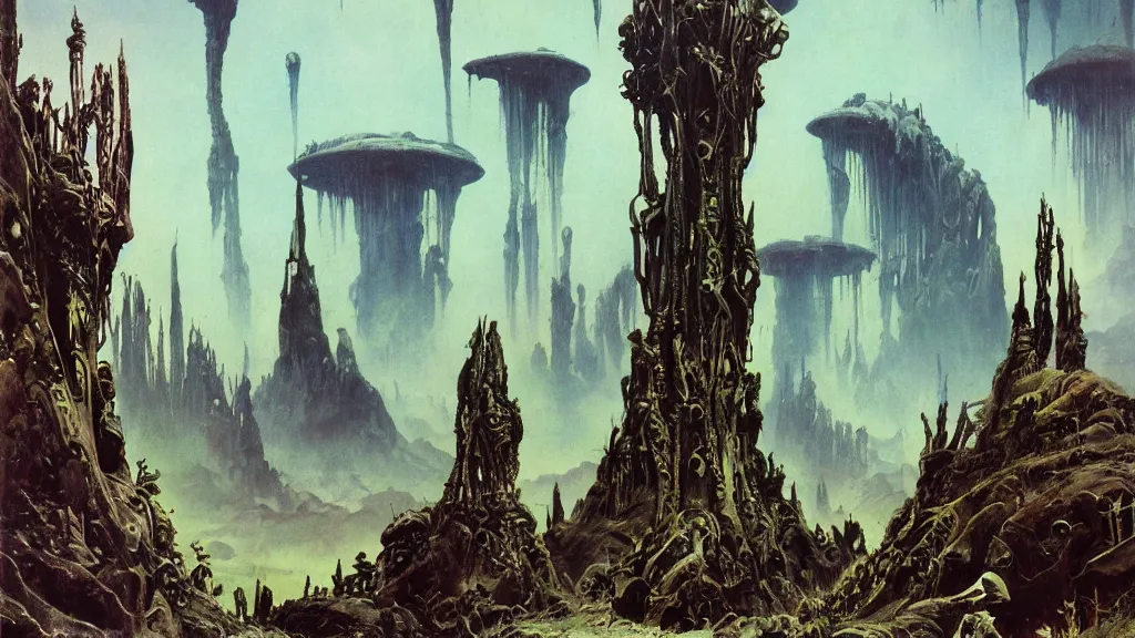 Image similar to surreal eerie alien planet empire with strange biomechanical plants by frank frazetta and bruce pennington, cinematic matte painting