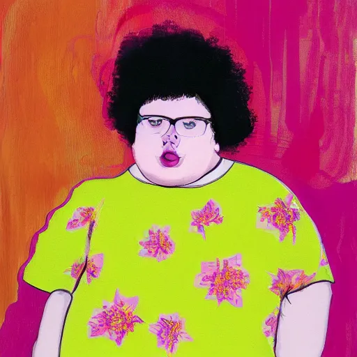 Image similar to colorful and festive cute young plus size todd solondz with tan skin, clear sharp todd solondz face, wearing yellow floral blouse. full body, rich vivid pastel colors, ambient lighting, dynamic lighting, 4 k, atmospheric lighting, painted, intricate, highly detailed by francis bacon and charlie bowater and jenny saville