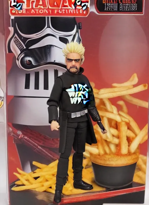 Image similar to star wars black series action figure of guy fieri with barfing chili cheese fries action, pristine box, toy still in package, ebay, extremely detailed