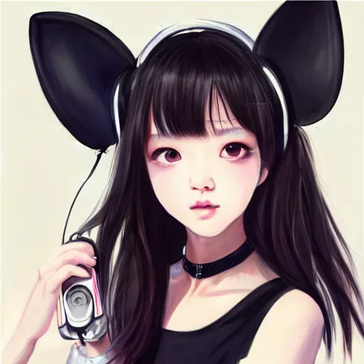 Image similar to realistic detailed semirealism beautiful gorgeous natural cute excited happy Blackpink Lalisa Manoban black hair black cat ears, wearing white camisole outfit, headphones, black leather choker artwork drawn full HD 4K high resolution quality artstyle professional artists WLOP, Aztodio, Taejune Kim, Guweiz, Pixiv, Instagram, Artstation