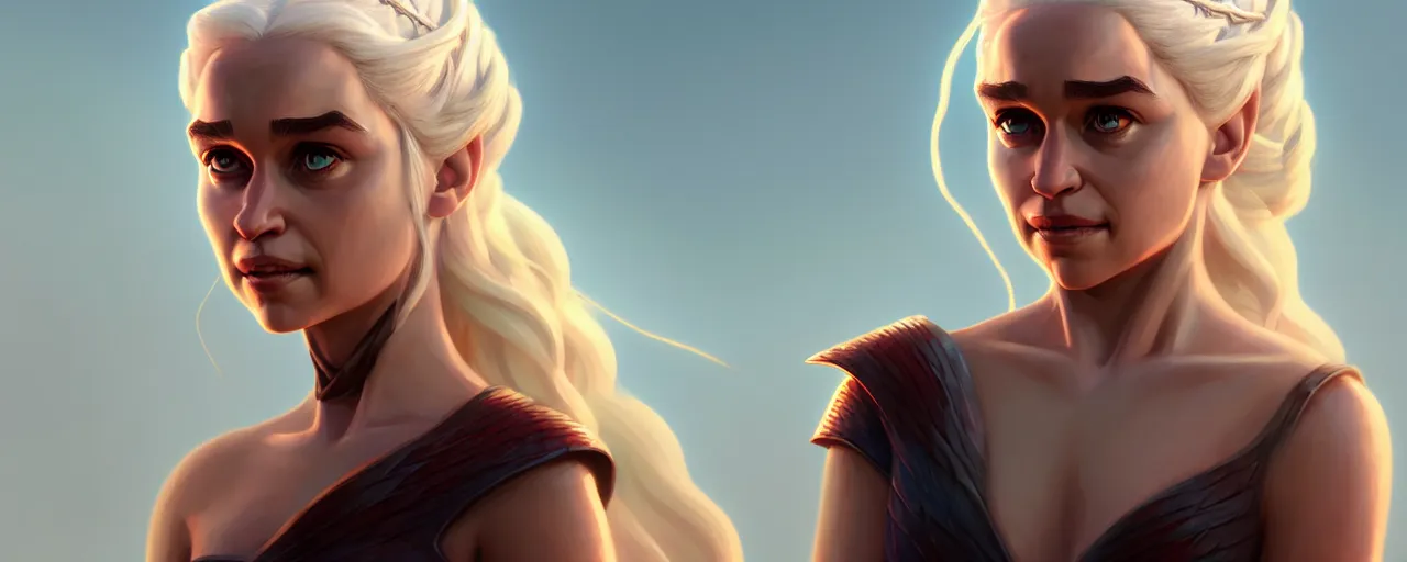 Prompt: portrait of Daenerys Targaryen, mattepainting concept Blizzard pixar maya engine on stylized background splash comics global illumination lighting artstation lois van baarle, ilya kuvshinov, rossdraws