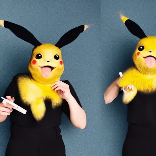 Image similar to portrait sneezing mid - sneeze detective sneezing pikachu mid - sneeze wiping face with rag at a photoshoot studio lighting