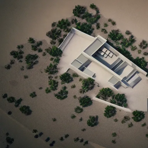 Image similar to brutalist villa in middle of a desert, aerial view, photorealistic render in octane