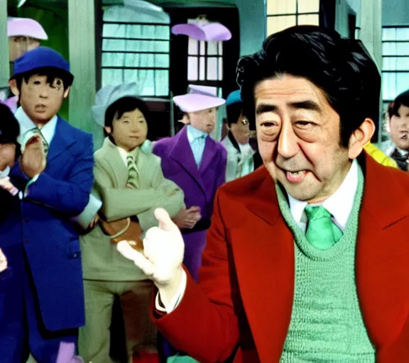 Prompt: a film still of shinzo abe in willy wonka's chocolate factory 1 9 7 3