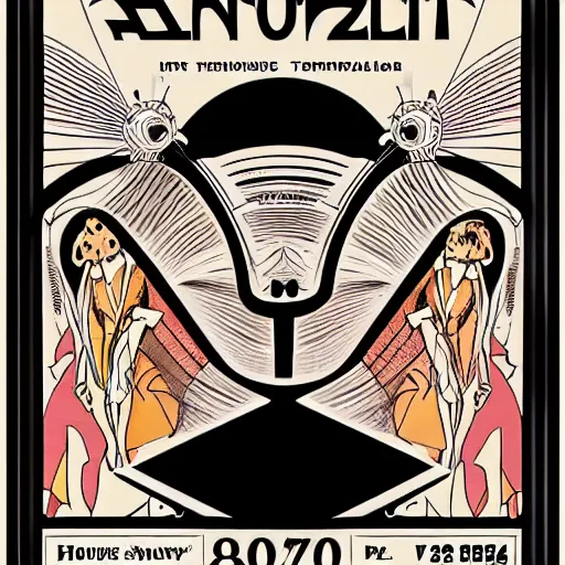 Image similar to art nouveau concert poster, 8 0 s, techno, house music