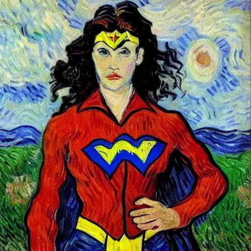 Image similar to Portrait painting of modern Vincent Van Gogh but in a Wonder Woman costume cosplaying as Gal Godot Wonder Woman Superhero by Claude Monet, original Post Impressionist art