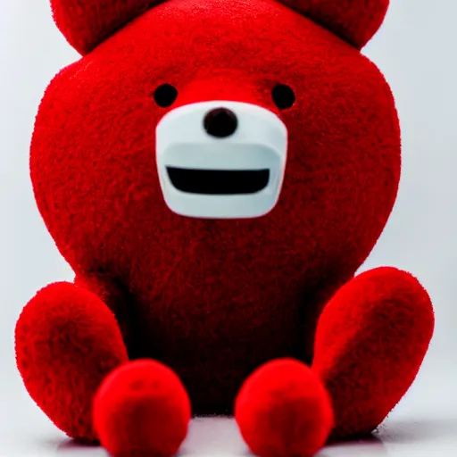 Image similar to a super cute red gummibear is exploding, extreme amount of particles, view from the front, macro lens, on a white table, white background