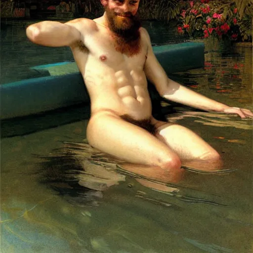 Prompt: a portrait of a furry in the pool, furry body, furry arms, furry legs, furry tail. highly detailed painting by gaston bussiere, craig mullins, j. c. leyendecker, furry