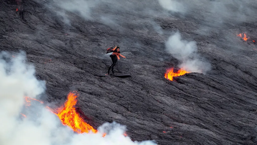 Image similar to medium shot of a person wearing a sponsored jersey surfing down a river of lava on the side of a volcano on surfboard, action shot, dystopian, thick black smoke and fire, sharp focus, cinematic, imax