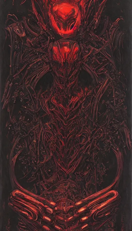 Prompt: Doom themed painting of symmetrical torso black and crimson inferno armor with extended evil armored hands concept, intricate artwork by H.R. Giger, Johnatan Wayshak, Zdizslaw Beksinski, Ayami Kojima, Amano, Karol Bak, Moebius, and Mark Brooks, Neo-Gothic, gothic, rich deep colors, art by Takato Yamamoto, masterpiece, face by Artgerm, very coherent artwork, cinematic, hyper realism, high detail, octane render, unreal engine, 8k, High contrast, golden ratio, trending on cgsociety