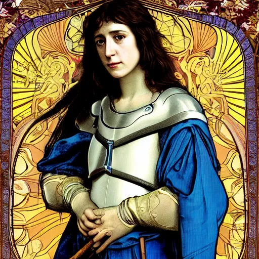 Image similar to portrait of charlotte gainsbourg as joan of arc, hyperreal digital painting, iconography influenced by alphonse mucha and eugene delacroix, arstation and deviantart trends, high resolution 8 k