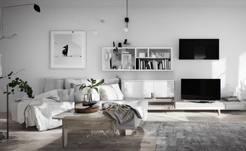 Image similar to modern scandinavian living room, bright, light wood, clean, cozy, 3 d render