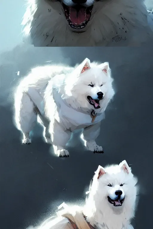 Image similar to comic book cover. fluffy samoyed by greg rutkowski, trending on artstation