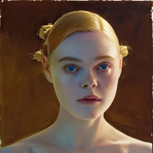 Image similar to Elle Fanning as an Android, head and shoulders masterpiece, oil on canvas, golden hour, in the world of Andrew Wyeth and Bruce Pennington, artstation, by J. C. Leyendecker and Peter Paul Rubens,