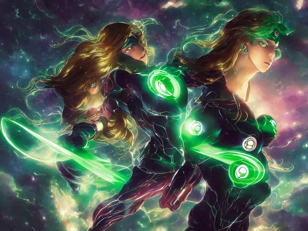 Image similar to anime key visual of one beautiful female green lantern, dc comics, power, hope, glowing, intricate, in space, stunning, highly detailed, digital painting, artstation, smooth, hard focus, illustration, art by artgerm and greg rutkowski and alphonse mucha