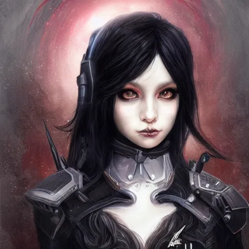 Image similar to portrait of a female dark elf witch by ayami kojima, she is about 2 0 years old, american, black hair, introvert, she is wearing a modern tactical gear, scifi, highly detailed portrait, digital painting, artstation, concept art, smooth, sharp foccus ilustration, artstation hq