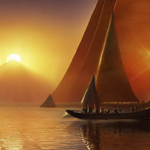 Prompt: A highly detailed 4K fantasy matte painting of sailing toward the sun on a felucca along the ancient River Nile, in ancient Egypt during the golden hour in summer, volumetric sun rays and dust, water reflection, Thomas Kinkade, Greg Rutkowski, ArtStation, CGSociety, Unreal Engine