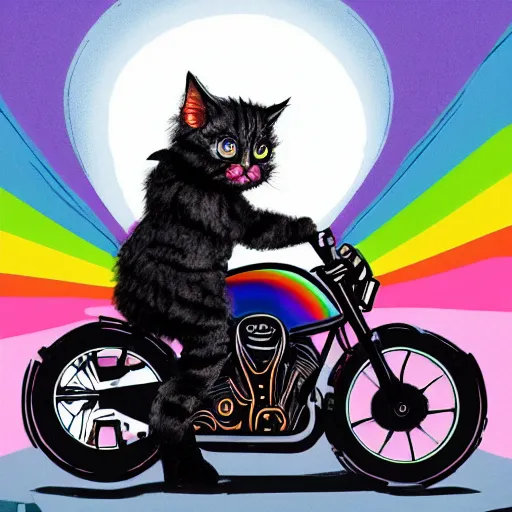 Image similar to wide angle full body, jacket wearing fluffy cute rainbow kitten wearing a black leather motorcycle jacket, riding on a motorcycle, cinematic concept art