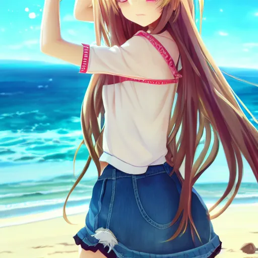 Image similar to a very beautiful anime girl, full body, long golden hair, sky blue eyes, full round face,cute face, short smile, mini jeans skirt, cute top, beach setting, cinematic lighting, medium shot, mid-shot, highly detailed, trending on Artstation, Unreal Engine 4k, cinematic wallpaper by Stanley Artgerm Lau, WLOP, Rossdraws, James Jean, Andrei Riabovitchev, Marc Simonetti, and Sakimichan