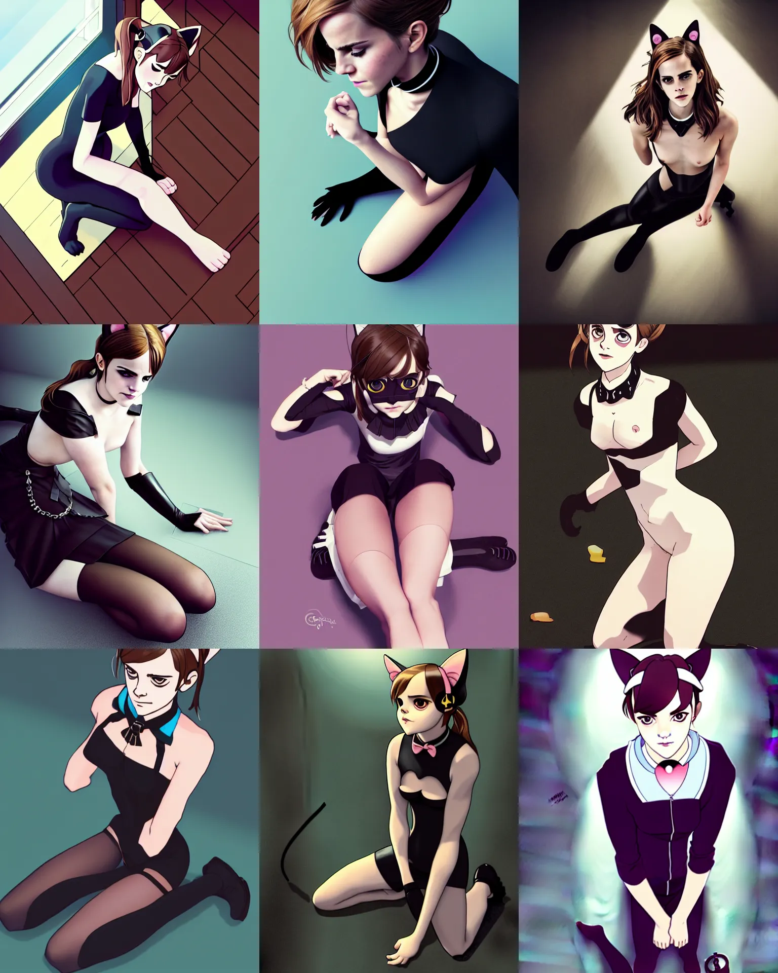 Prompt: attractive Emma Watson as cat girl wearing collar , kneeling!! , cat ears , collar , solo photoshoot , DSLR , hourglass slim figure , close up , view from above , submissive , kneeling and looking up , details, sharp focus , kneeling at the shiny floor , illustration , by Jordan Grimmer and greg rutkowski , photo by robert mapplethorpe and Craig Morey , cosplay , cinematic 4K blu-ray , Trending artstation , digital Art