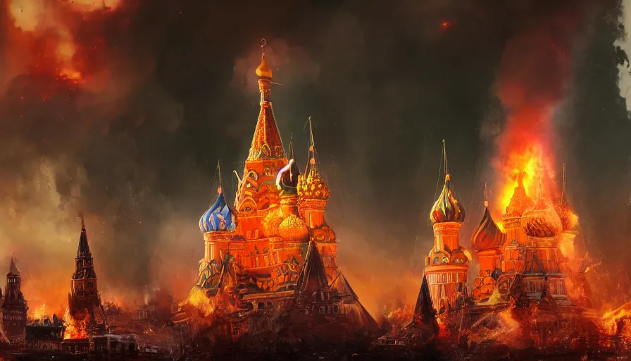 Prompt: Fire and explosions on Red Square, St Basil cathedral is destroyed by a nuke, sci-fi concept art, nuclear mushroom, lots of fire, panic, dark, clouds, 8k, high detail, advanced rendering whimsically designed art, 4k post-processing highly detailed, Soft illumination