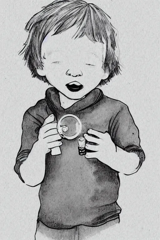 Image similar to a little boy with ginger hair blowing bubbles. clean elegant simple illustration, beautiful detailed face.