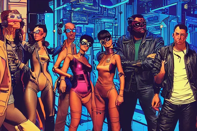 Image similar to cyberpunk heist crew in nightclub. portrait by stonehouse and mœbius and will eisner and gil elvgren and pixar. character design. realistic proportions. cyberpunk 2 0 7 7 character art, blade runner 2 0 4 9 concept art. cel shading. attractive face. thick lines. the team. diverse characters.