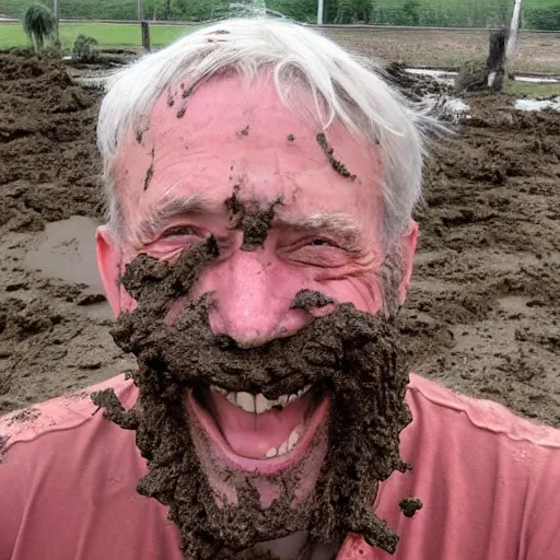 Prompt: a smiling old man entirely covered in mud