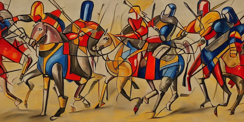 Image similar to futurism style painting of medieval knights jousting