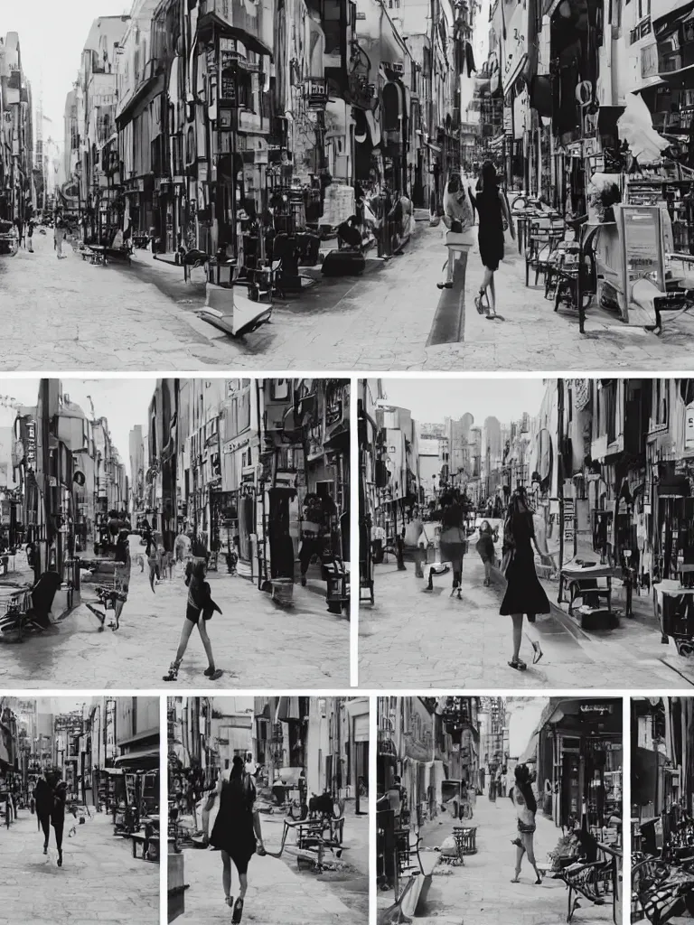 Image similar to a frame by frame animation of a girl walking down the street