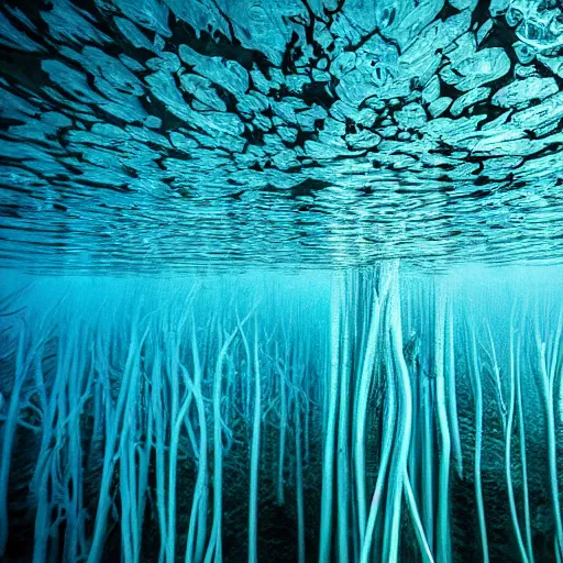 Image similar to mangrove roots underwater, award winning cyan and white photography, high contrast, high definition