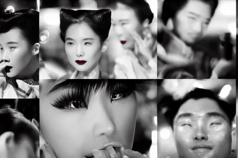 Prompt: movie interior closeup beautiful Chinese fashion model couple teams closeup joking at 50s diner, night in the city, beautiful skin, by Emmanuel Lubezki