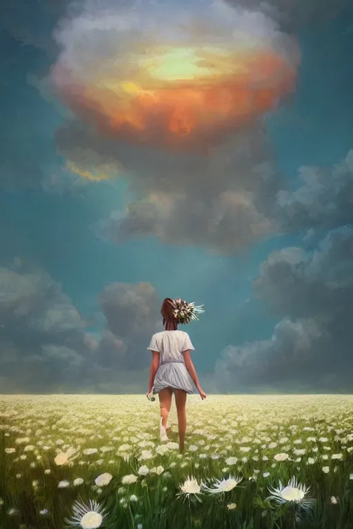 Image similar to giant white daisy flower as head, girl running in a flower field, surreal photography, sunrise, dramatic light, impressionist painting, colorful clouds, digital painting, artstation, simon stalenhag